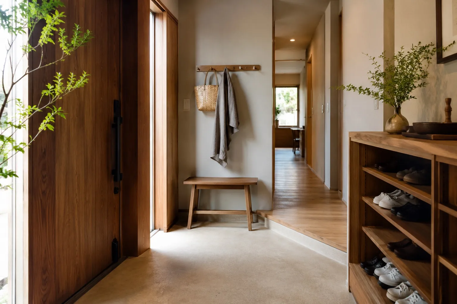 木の玄関と土間のある建物