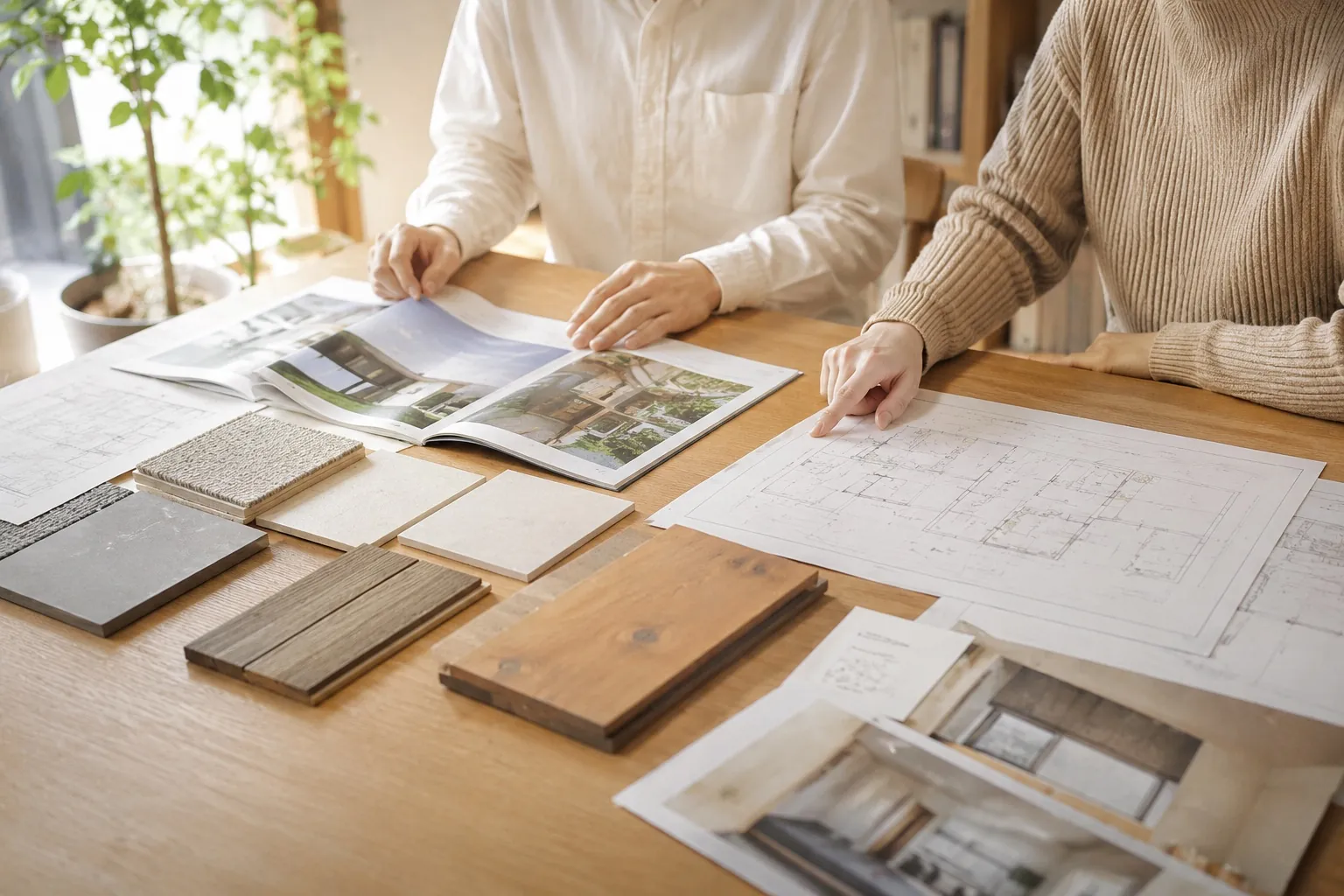 図面や素材を見ながら相談する建物づくりの打ち合わせ