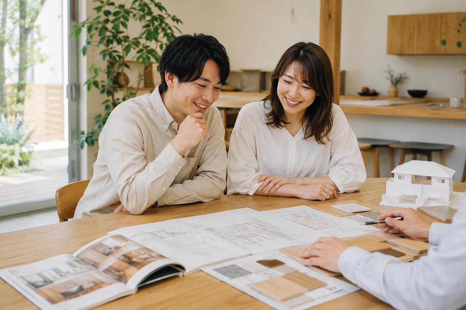 建物づくりの相談を楽しむ夫婦